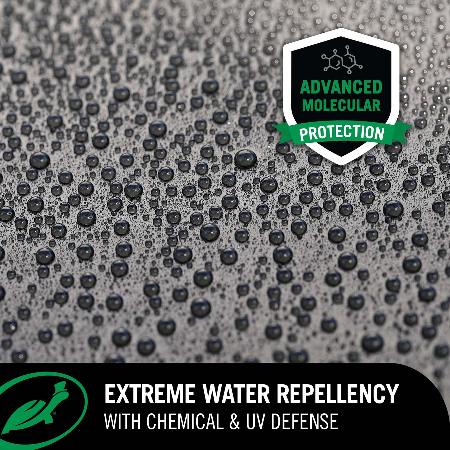 Textured surface with water droplets and 'Advanced Molecular Protection' logo, emphasizing extreme water repellency.