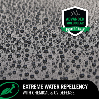 Textured surface with water droplets and 'Advanced Molecular Protection' logo, emphasizing extreme water repellency.