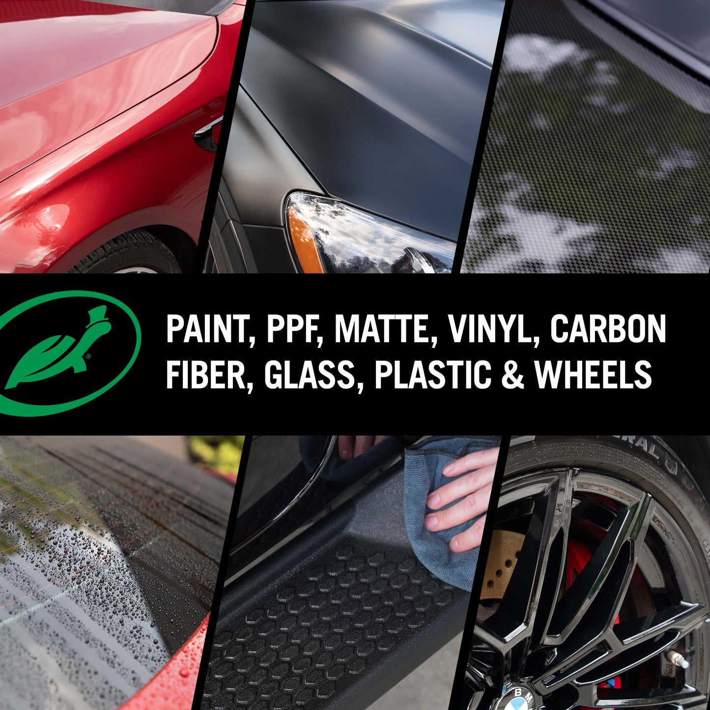 Collage of car care products with text overlay on a black background