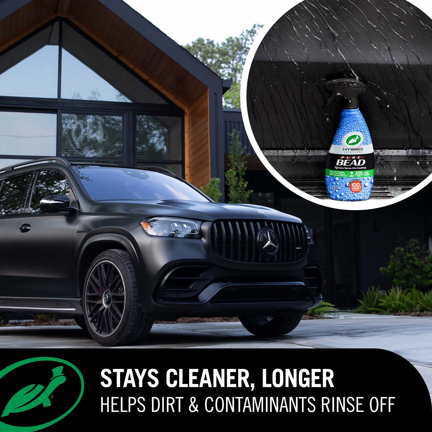 Black Mercedes-Benz SUV with a bottle of car wash product and text about car care.