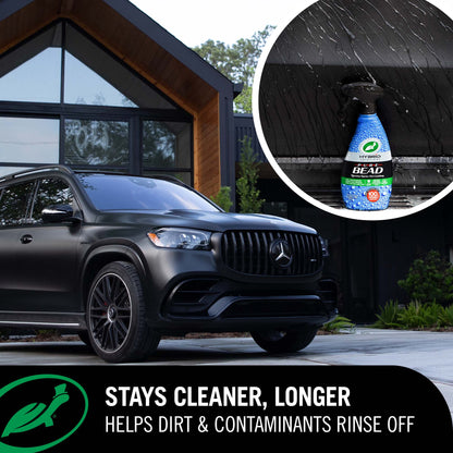 Black Mercedes-Benz SUV with a bottle of car wash product and text about car care.
