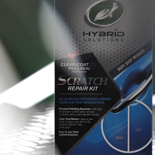 Animated GIF demonstrating the scratch repair processâ€”applying solution, buffing, and revealing a smooth, scratch-free finish.