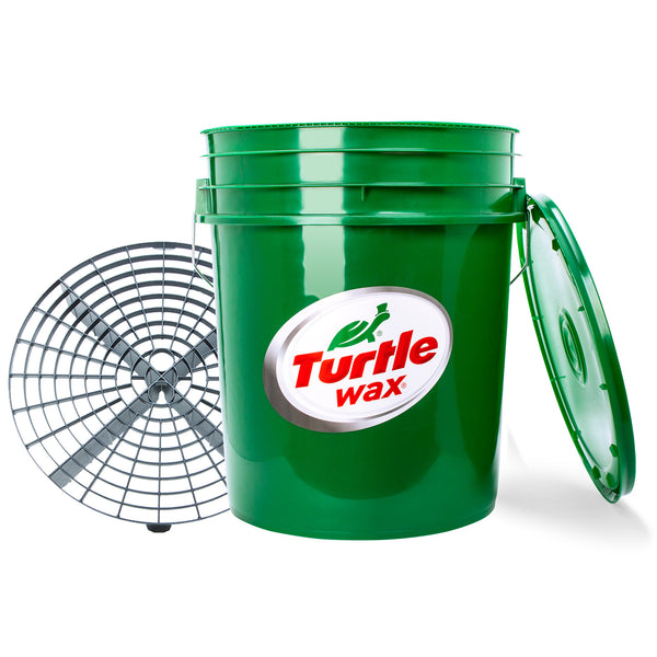 Turtle Wax 5-gallon green bucket. Includes a gray dirt trap insert and a matching green lid. Perfect for auto detailing.