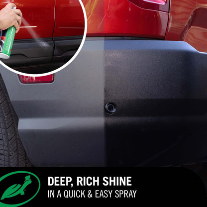 Car being cleaned with 1& Done High Gloss Shine spray aerosol, showing before and after effects on a black car trim