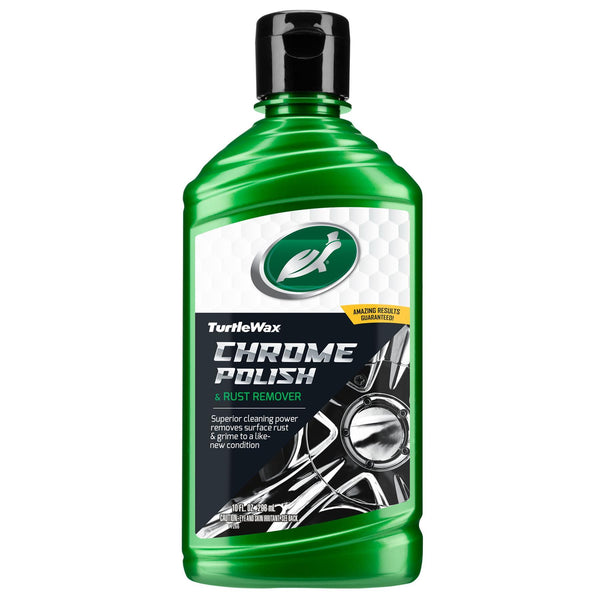 Green Turtle Wax bottle with chrome polish & rust remover. Cleans, polishes, & removes surface rust. For vehicle care.