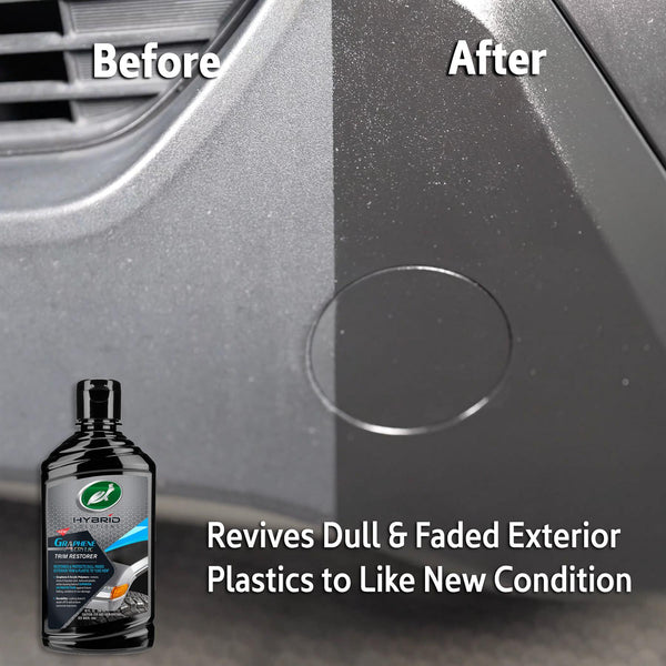 A before and after infographic is shown with text overlay of "Revives dull & faded exterior plastics to like new condition"