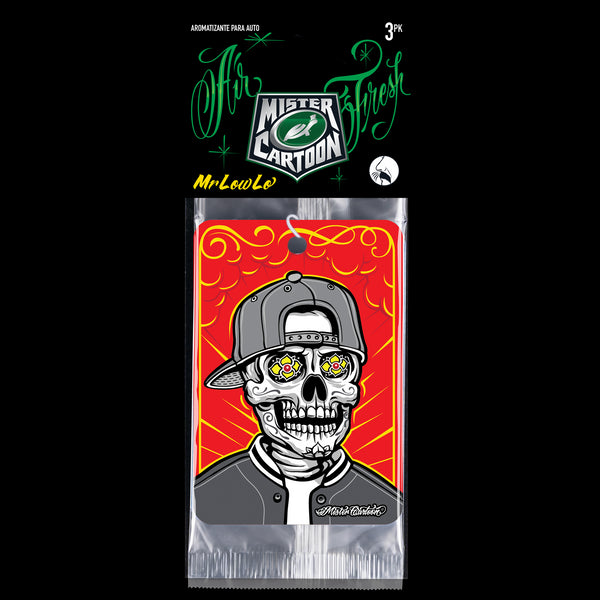 Side view of Mr. Cartoon So Fresh air freshener leaning against a can of detailing spray, with product branding and design visible.