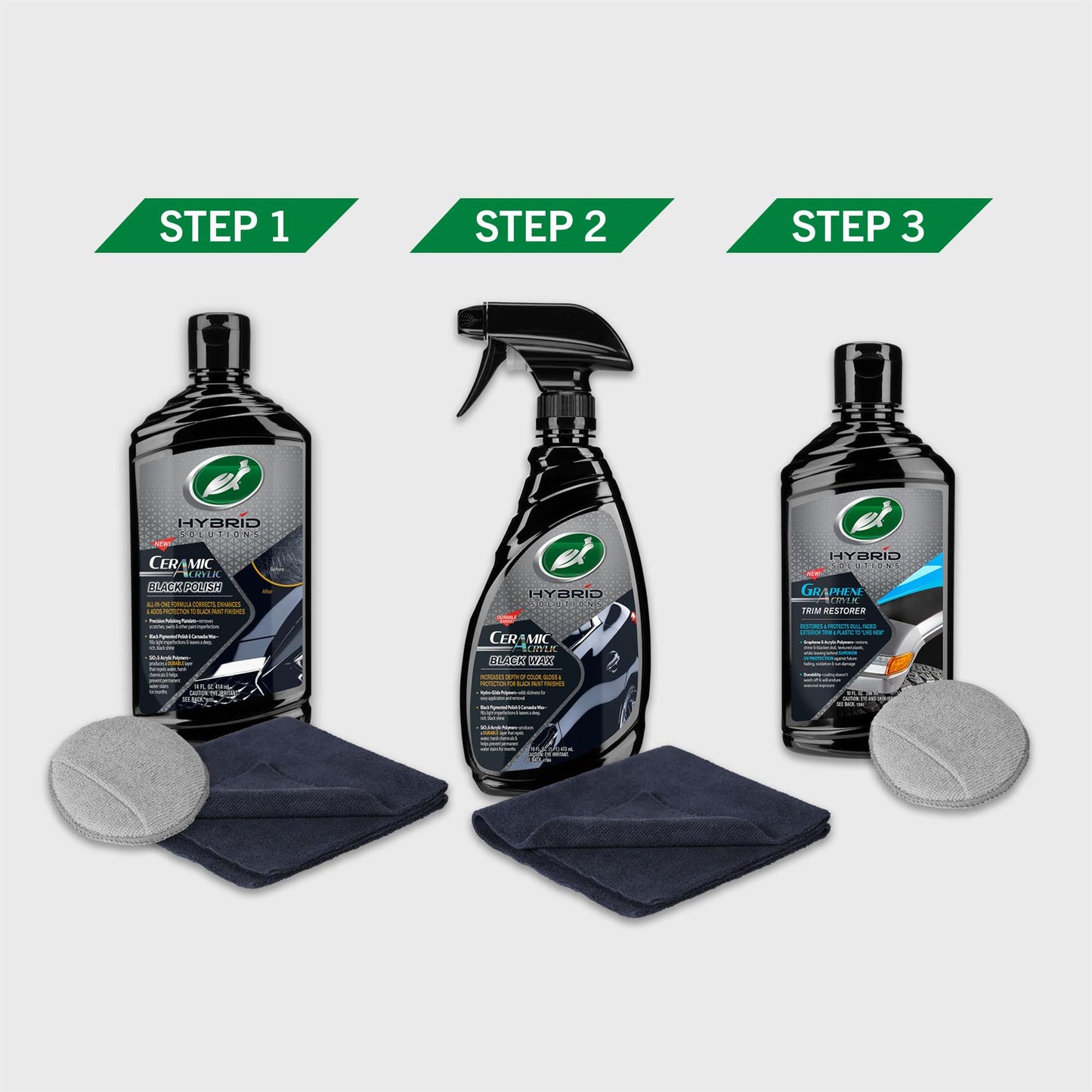 Turtle Wax Hybrid Solutions for black car paint: polish, wax, and trim restorer. 3-step process for car detailing, restoring shine.