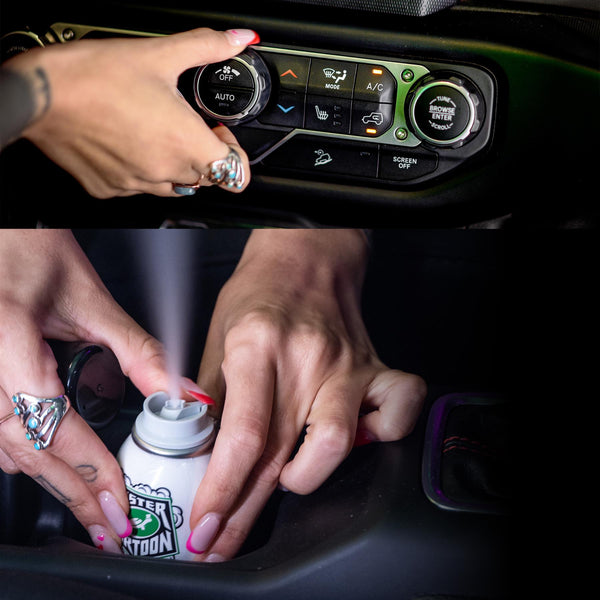 Side-by-side comparison of headlights before and after restoration treatment, labeled accordingly.