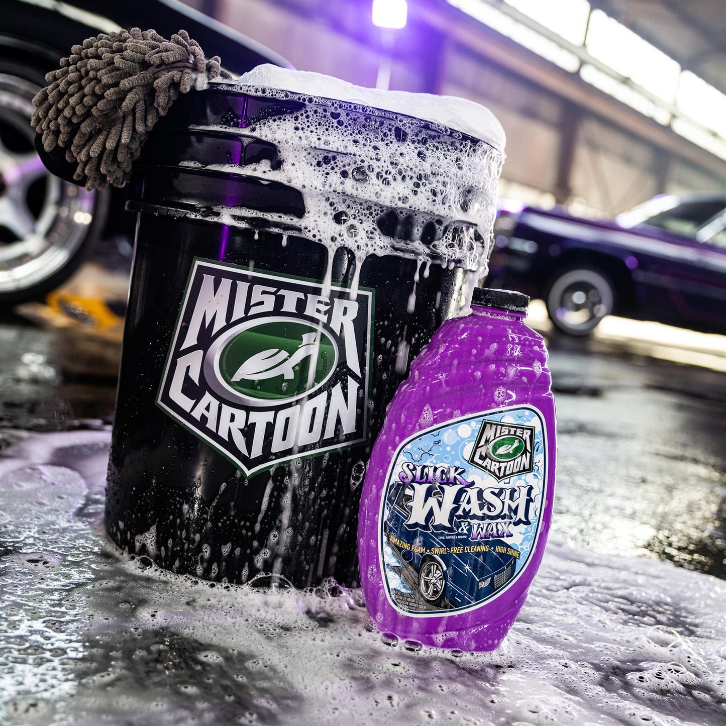 Auto detailing product: Mister Cartoon Slick Wash & Wax. Black bucket and purple bottle. Car washing and cleaning.