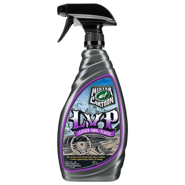Mr. Cartoon Leather, Vinyl & Plastic Cleaner bottle positioned next to a luxury black leather car seat with reflection highlights.
