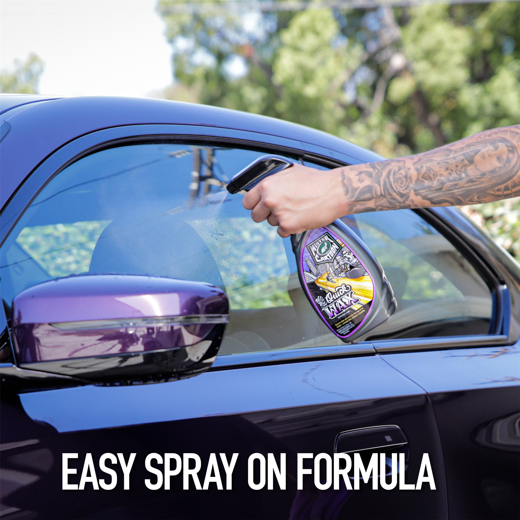Detailing a car with Quick Wax spray. Mister Cartoon product application for auto care.
