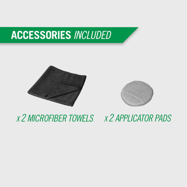 The two accessories of the kit, two microfiber towels and two applicator pads, are shown on a white background. 