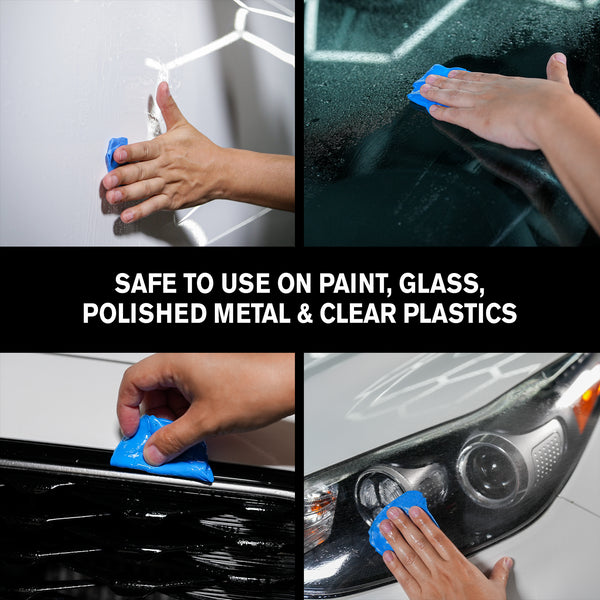 Wax jar and applicator pad set beside a glossy black car, ready for use.