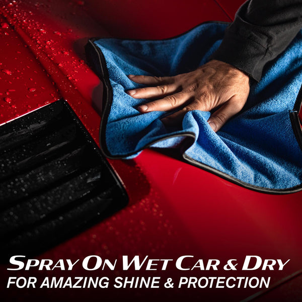 User applying wet wax to car with sprayer, highlighting product in use with reflections.
