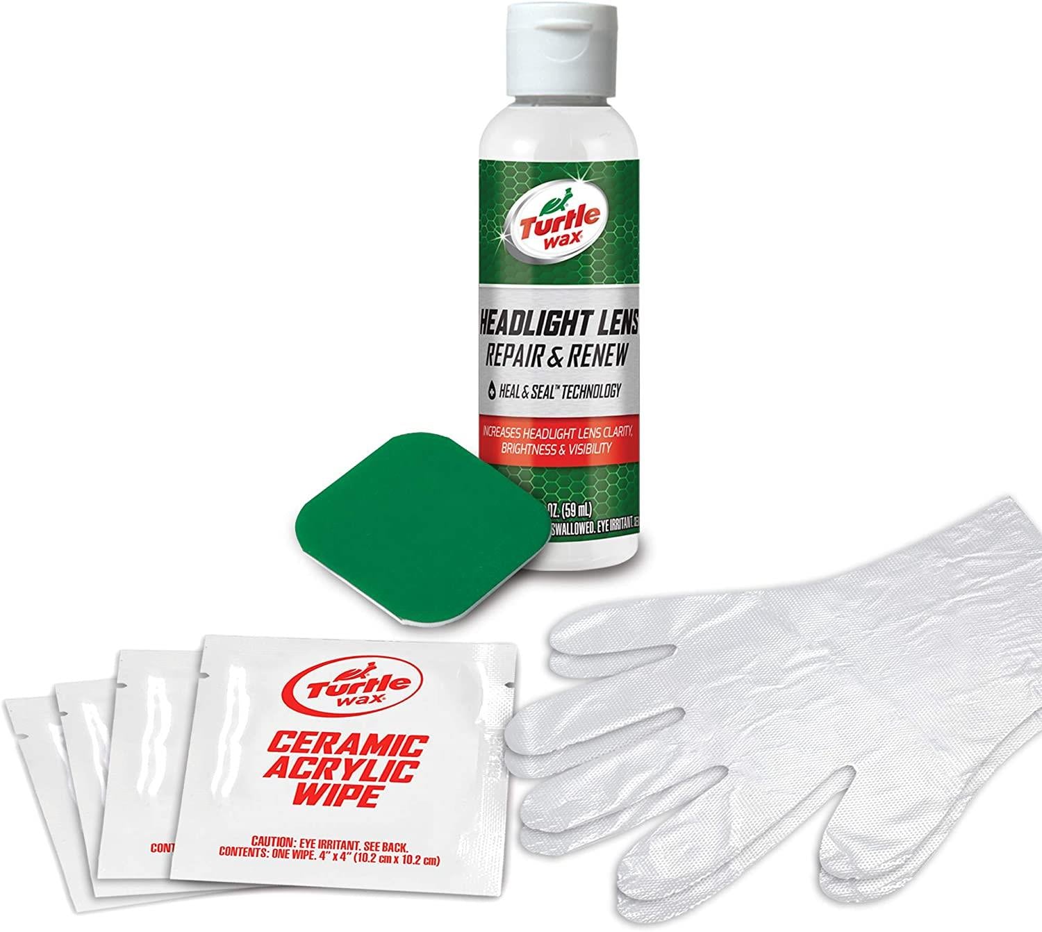 Turtle Wax headlight restoration kit featuring lens repair fluid, wipes, gloves, and applicator.
