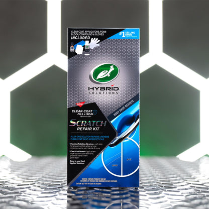 Turtle Wax Hybrid Solutions Scratch Repair Kit. Includes applicators, foam block, and gloves. Clear-coat fill and seal technology.
