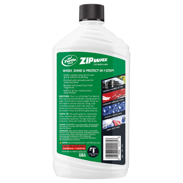 Side angle photo of Zip Wax bottle placed on car hood, product label sharp and visible in natural daylight.
