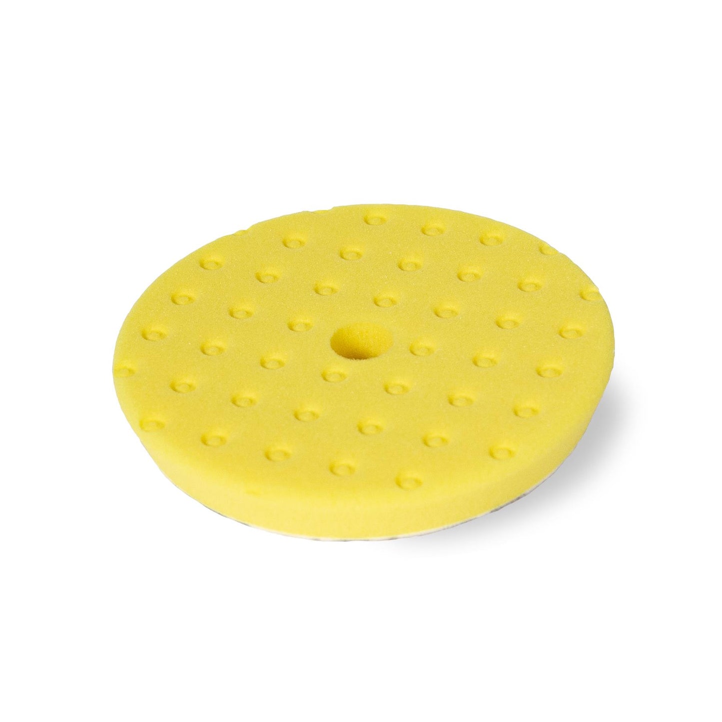 A yellow, textured foam pad for polishing, with a center hole. Ideal for compounding or detailing.