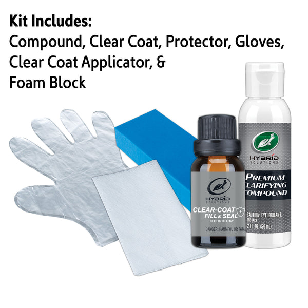 Flat lay image of the Scratch Repair Kit showing all components including solution bottles, applicator pads, and instructions.