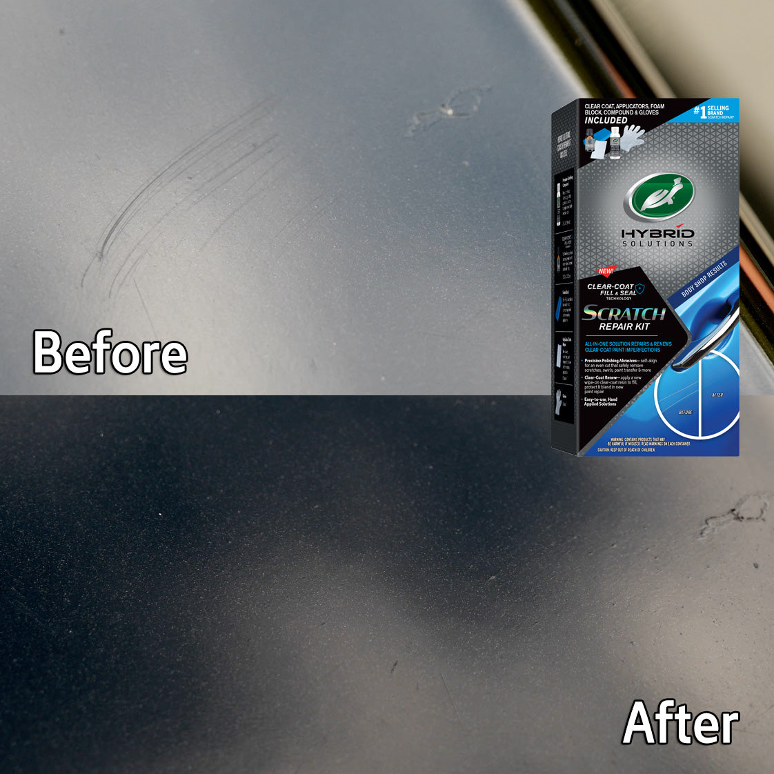 Car care demo showing before-and-after scratch repair on a vehicle's paint. The box features Turtle Wax Hybrid Solutions product.