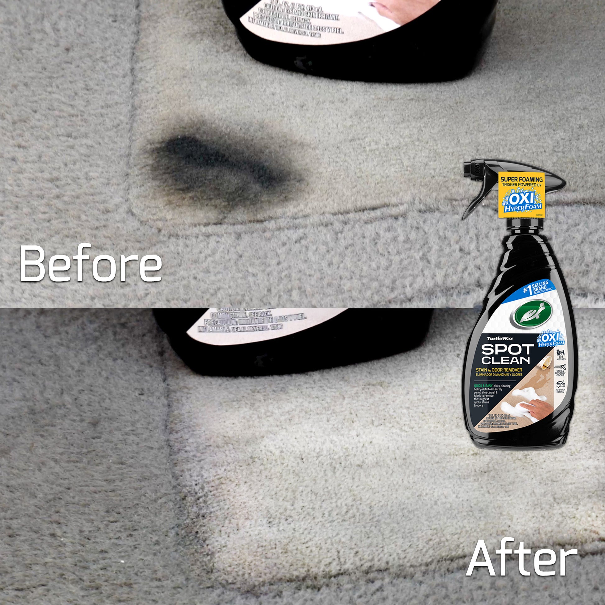Turtle Wax Spot Clean: Before and after showing stain removal on carpet. Oxiclean-powered formula for stain & odor elimination.