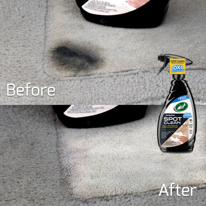 Turtle Wax Spot Clean: Before and after showing stain removal on carpet. Oxiclean-powered formula for stain & odor elimination.