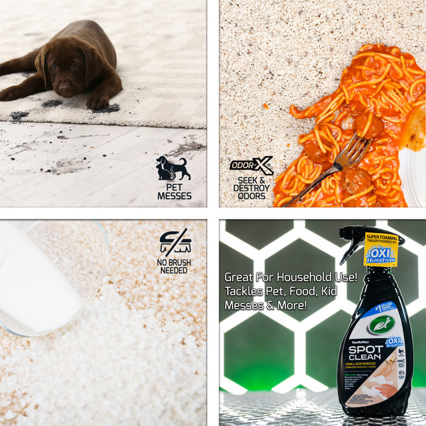 A square image is broken into 4 quadrants showing a dog, spaghetti, milk spill and the product. Highlighting the types of messes Spot Clean can handle. 