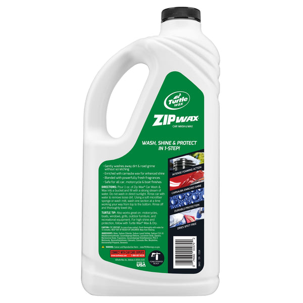 Angle view of Zip Wax Car Wash bottle placed on reflective white surface, highlighting handle grip and bold label text.