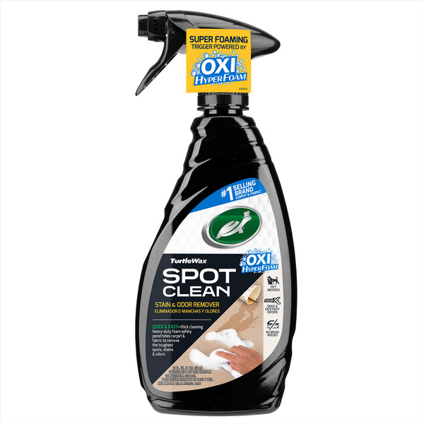 The front packaging of Spot Clean is displayed, highlighting the oxi hyperfoam cleaning technology.