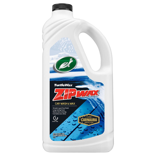 The front packaging of Zip Wax Car Wash & Wax with a blue label highlighting 1-step Carnauba protection