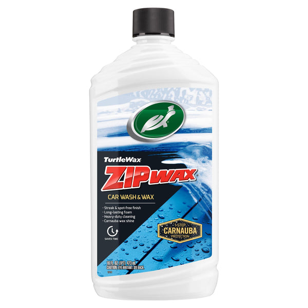 Clean studio image of Zip Wax Car Wash product upright with cap sealed, showing detailed ingredients and instructions label.